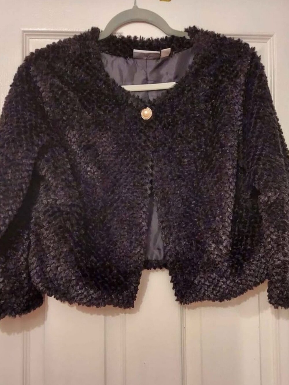 Black Cropped Teddy Jacket with Pearl Button